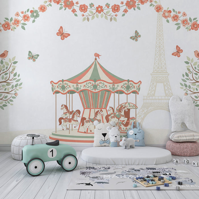 Papier peint chambre bébé | Carrousel enchanteur avec fleurs et papillons