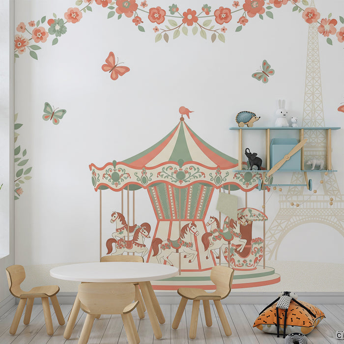 Papier peint chambre bébé | Carrousel enchanteur avec fleurs et papillons