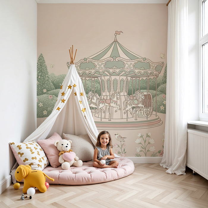 Papier peint chambre bébé | Carrousel enchanteur avec la Tour Eiffel et fleurs délicates
