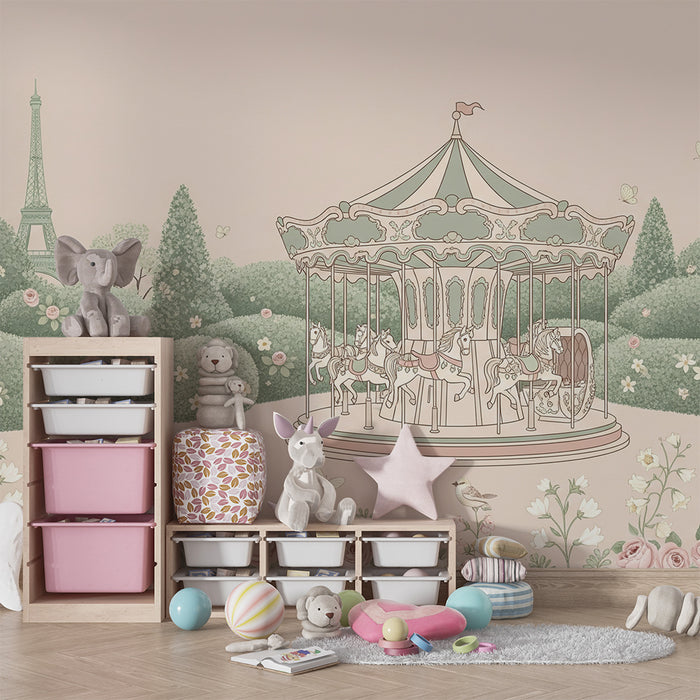 Papier peint chambre bébé | Carrousel enchanteur avec la Tour Eiffel et fleurs délicates