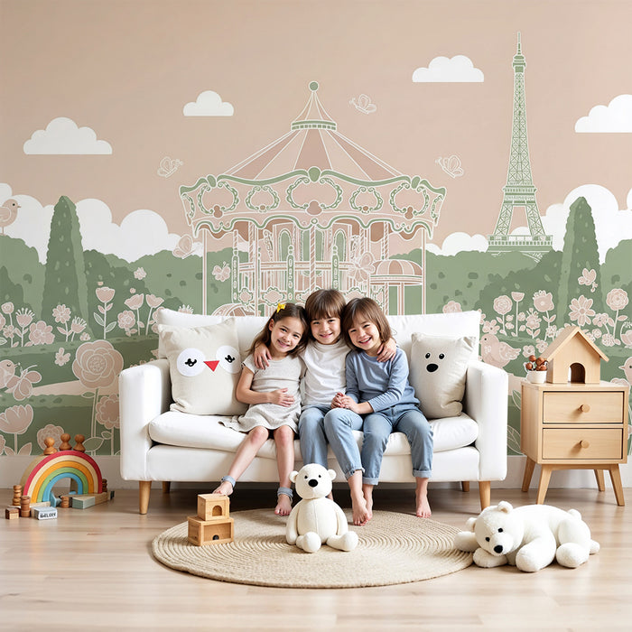 Papier peint chambre bébé | Carrousel enchanteur et jardin fleuri avec la tour Eiffel