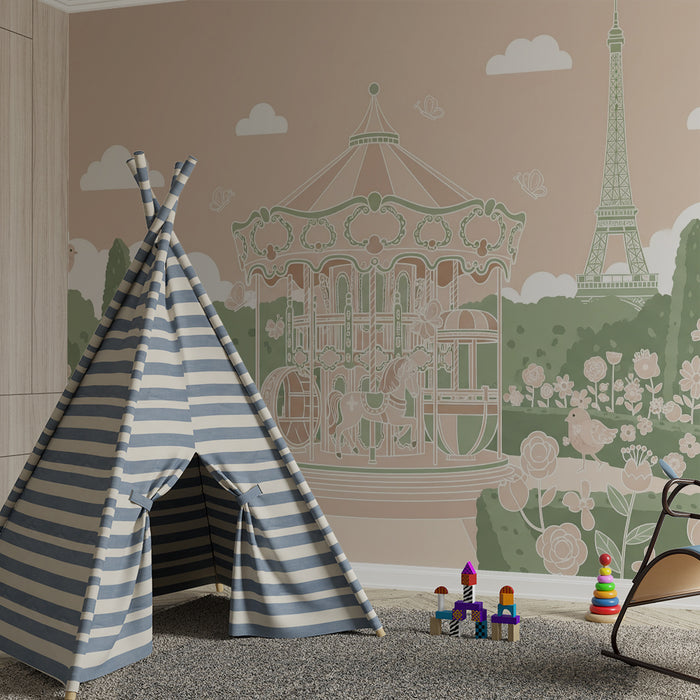 Papier peint chambre bébé | Carrousel enchanteur et jardin fleuri avec la tour Eiffel