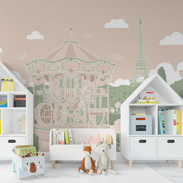 Papier peint chambre bébé | Carrousel enchanteur et jardin fleuri avec la tour Eiffel