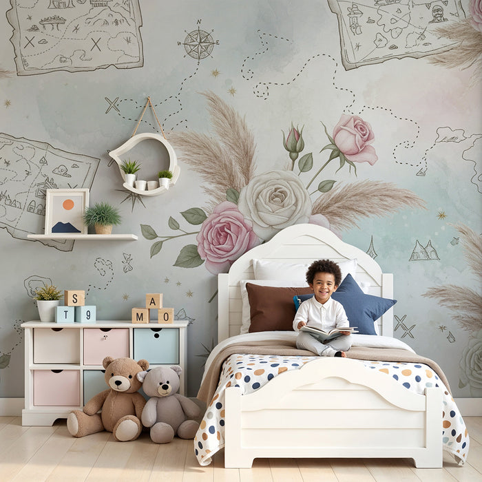 Papier peint chambre bébé | Cartes au trésor et roses délicates dans des tons pastel