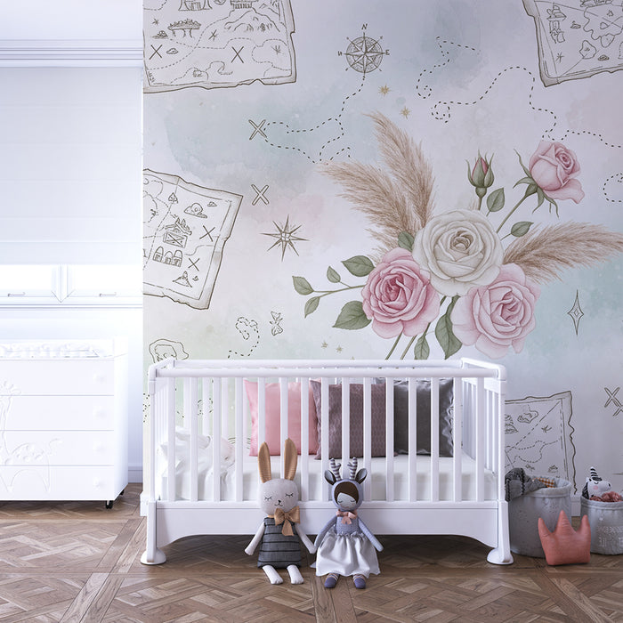 Papier peint chambre bébé | Cartes au trésor et roses délicates dans des tons pastel