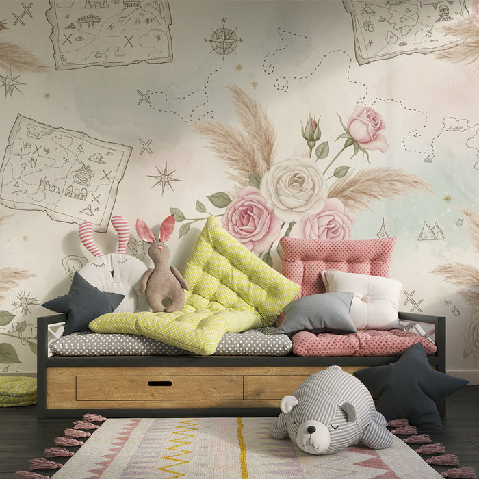 Papier peint chambre bébé | Cartes au trésor et roses délicates dans des tons pastel