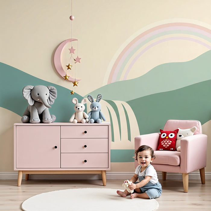 Papier peint chambre bébé | Cascade apaisante avec arc-en-ciel et collines douces