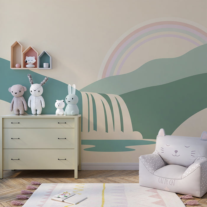 Papier peint chambre bébé | Cascade apaisante avec arc-en-ciel et collines douces