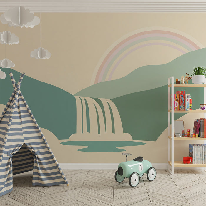 Papier peint chambre bébé | Cascade apaisante avec arc-en-ciel et collines douces