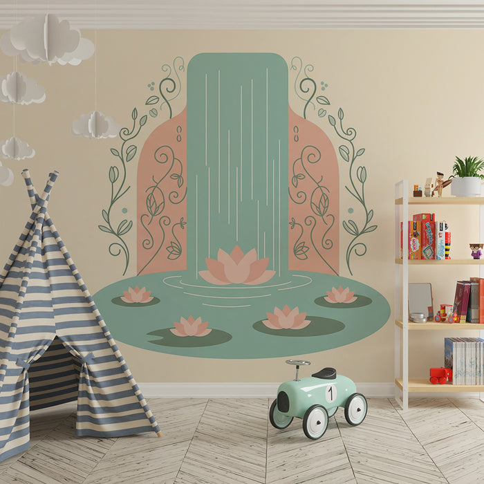 Papel de parede para quarto de bebé | Cascata serena com nenúfares e folhagem delicada