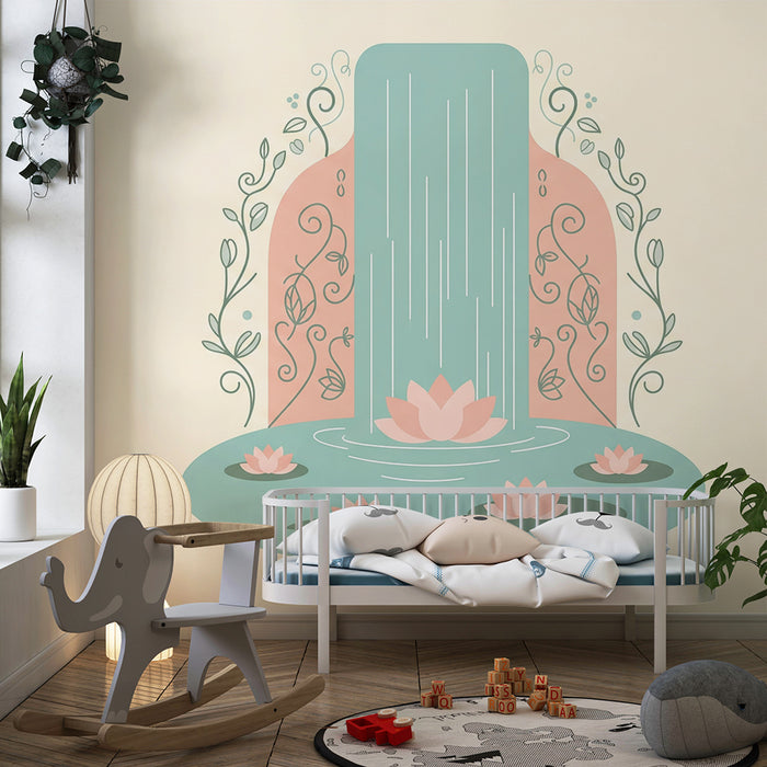 Papel de parede para quarto de bebé | Cascata serena com nenúfares e folhagem delicada