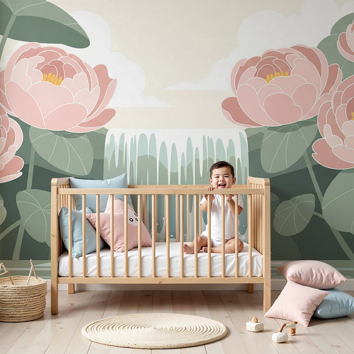 **Barneveggtapet til babyrom | Rolig foss omgitt av rosa lotusblomster**