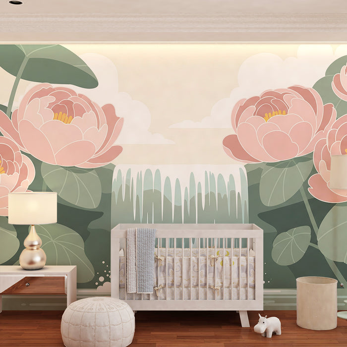**Barneveggtapet til babyrom | Rolig foss omgitt av rosa lotusblomster**