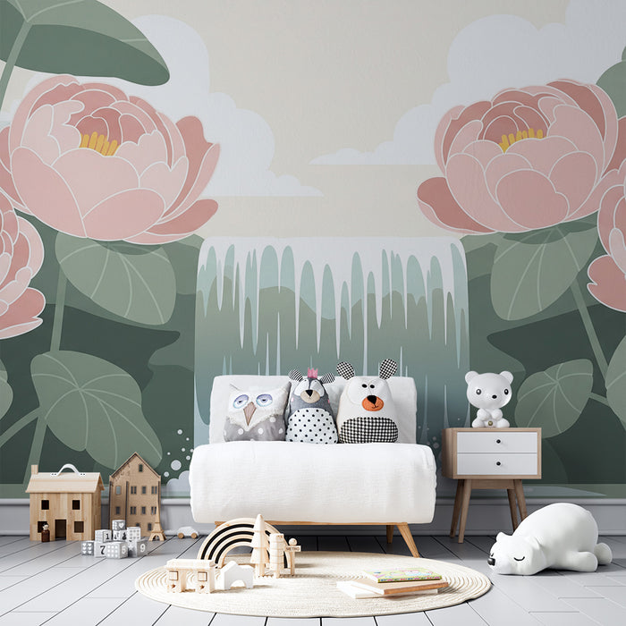 **Barneveggtapet til babyrom | Rolig foss omgitt av rosa lotusblomster**