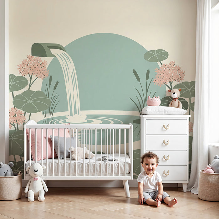 Babykamerbehang | Rustgevende waterval omringd door bloemen en bladeren