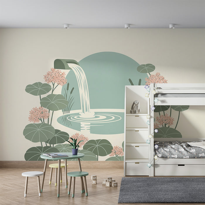 Babykamerbehang | Rustgevende waterval omringd door bloemen en bladeren