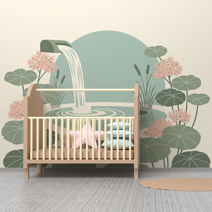 Babykamerbehang | Rustgevende waterval omringd door bloemen en bladeren