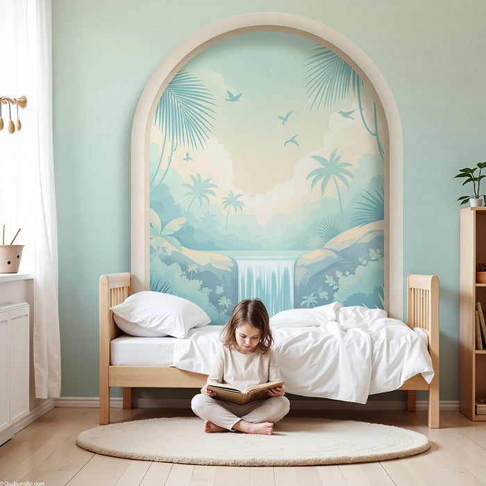 Papier peint chambre bébé | Cascade apaisante et jungle tropicale en nuances douces