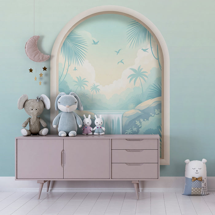 Papier peint chambre bébé | Cascade apaisante et jungle tropicale en nuances douces