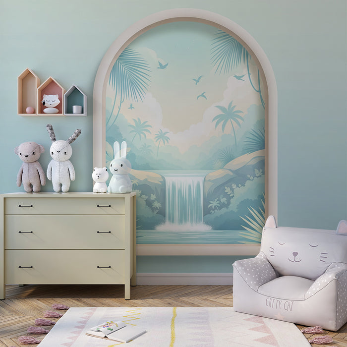 Papier peint chambre bébé | Cascade apaisante et jungle tropicale en nuances douces