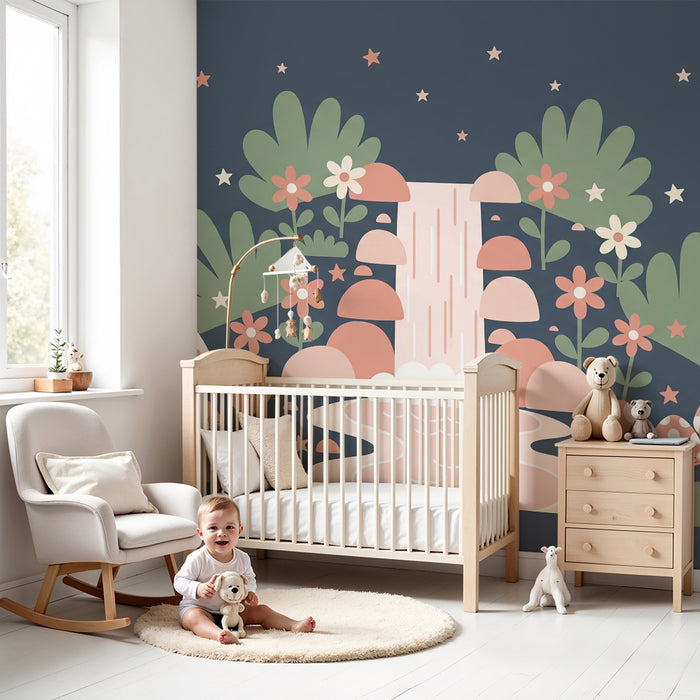 Nursery Wallpaper | Enchanted Waterfall with Mushrooms and Colorful Flowers