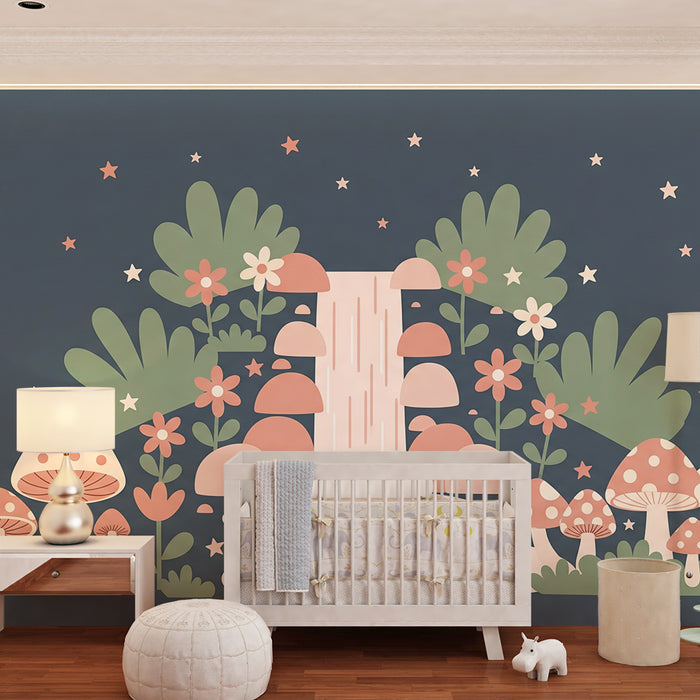 Nursery Wallpaper | Enchanted Waterfall with Mushrooms and Colorful Flowers