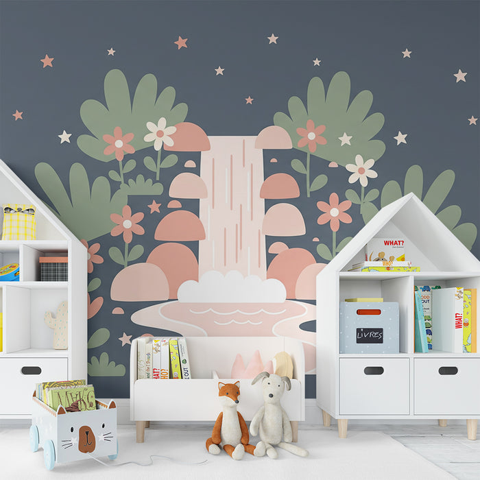 Nursery Wallpaper | Enchanted Waterfall with Mushrooms and Colorful Flowers