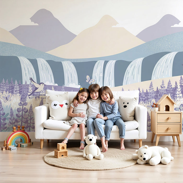 Papier peint chambre bébé | Cascade enchantée avec fleurs et oiseaux colorés