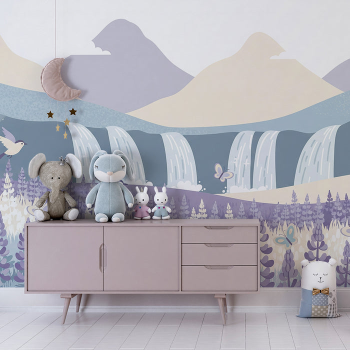 Papier peint chambre bébé | Cascade enchantée avec fleurs et oiseaux colorés