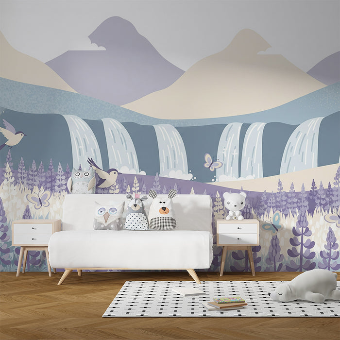 Papier peint chambre bébé | Cascade enchantée avec fleurs et oiseaux colorés