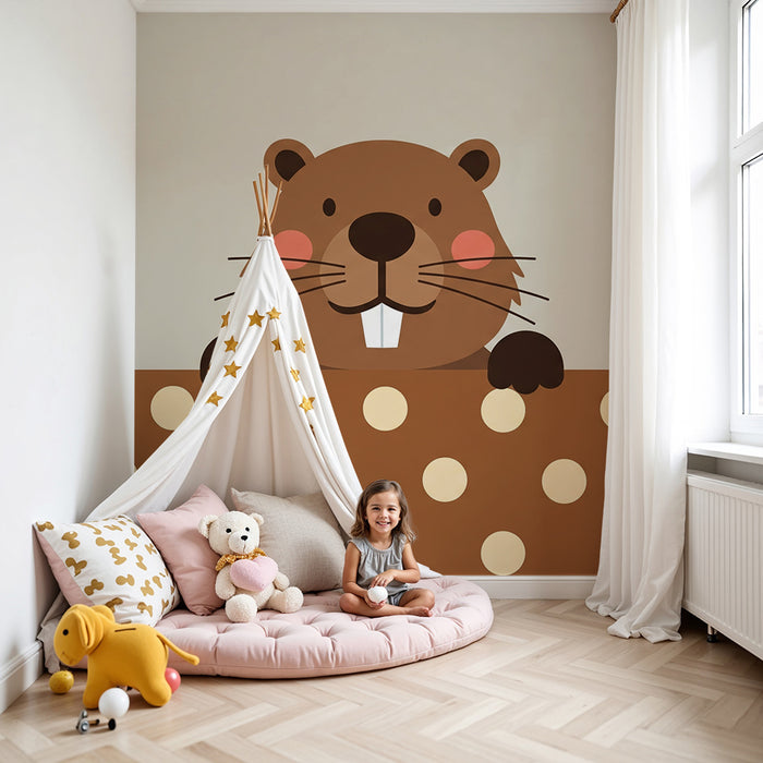 Papier peint chambre bébé | Castor mignon avec motifs à pois