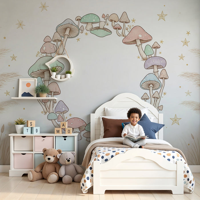 Lastenhuoneen tapetti | Värikkäät sienet kehässä tähtitaivaan alla