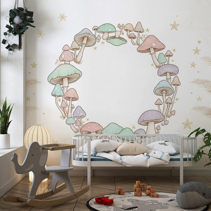 Lastenhuoneen tapetti | Värikkäät sienet kehässä tähtitaivaan alla
