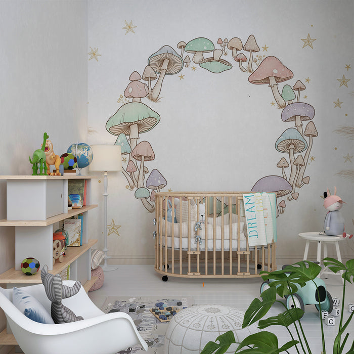 Lastenhuoneen tapetti | Värikkäät sienet kehässä tähtitaivaan alla