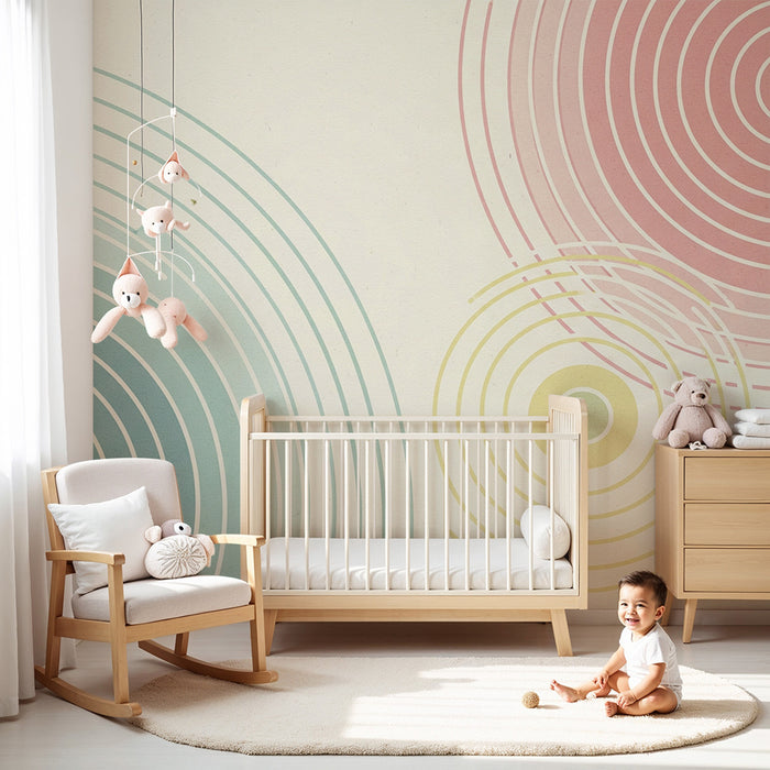 Lastenhuoneen tapetti | Lempeän neutraalilla pohjalla olevat värikkäät ympyrät