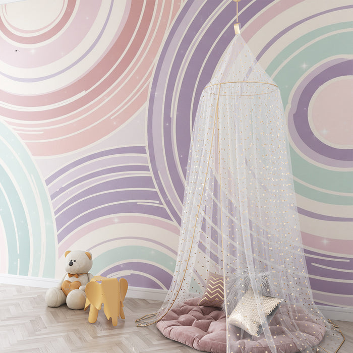 Lastenhuoneen tapetti | Vaaleanvärisiä pastellisävyisiä ympyröitä valon välkkeellä