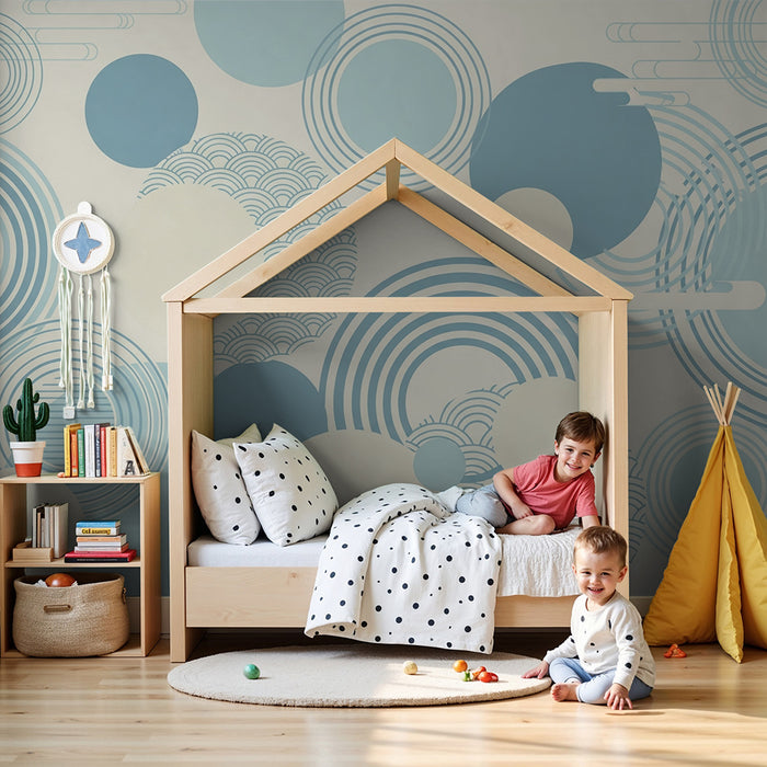 Lastenhuoneen tapetti | Sinisellä pehmeillä ympyröillä ja kuvioilla rauhoittava tunnelma
