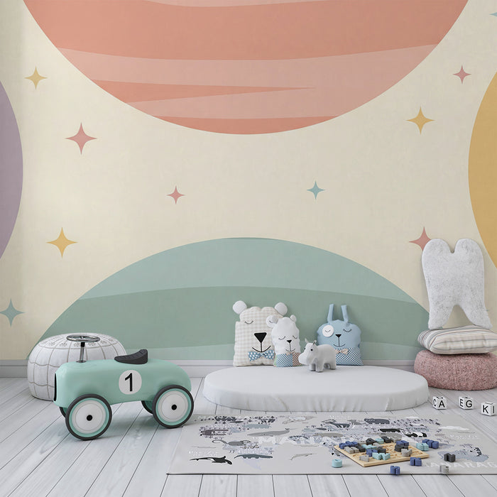 Nursery room wallpaper | Pastel circles and sparkling stars