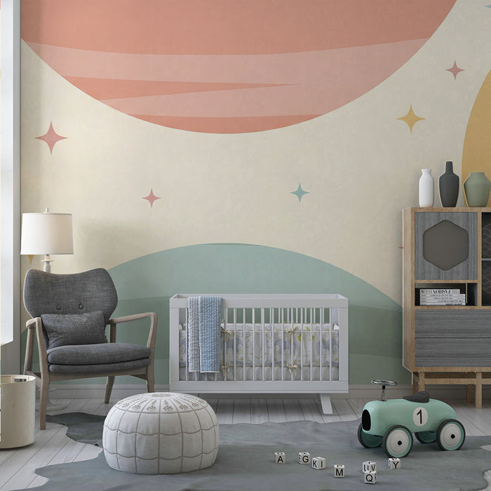 Nursery room wallpaper | Pastel circles and sparkling stars