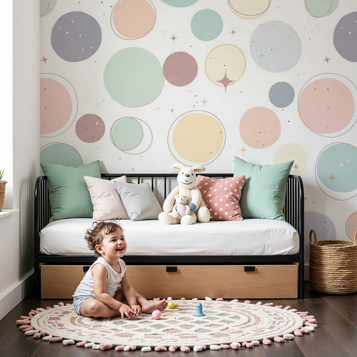 Tapeta dětského pokoje | Pastelové kruhy a třpytivé hvězdy pro jemnou atmosféru