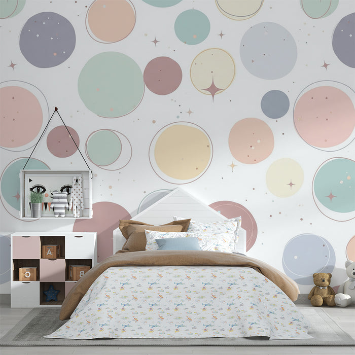 Tapeta dětského pokoje | Pastelové kruhy a třpytivé hvězdy pro jemnou atmosféru