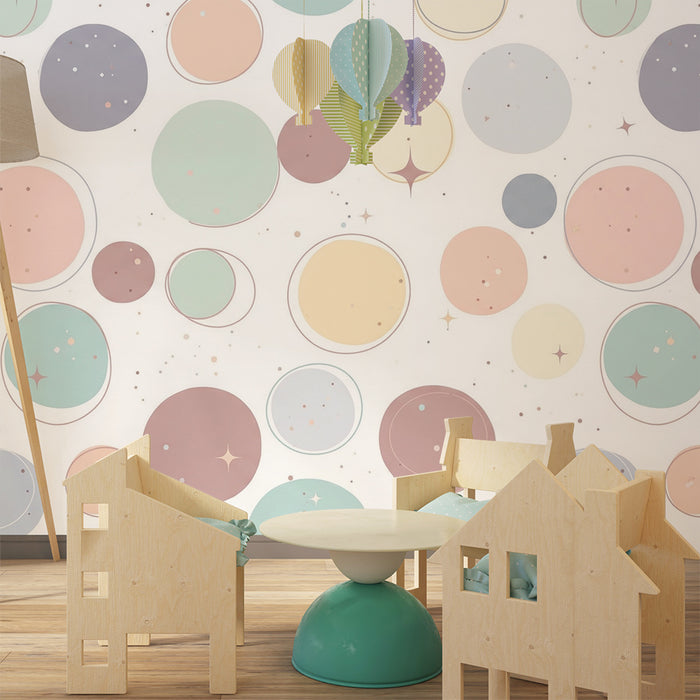 Tapeta dětského pokoje | Pastelové kruhy a třpytivé hvězdy pro jemnou atmosféru