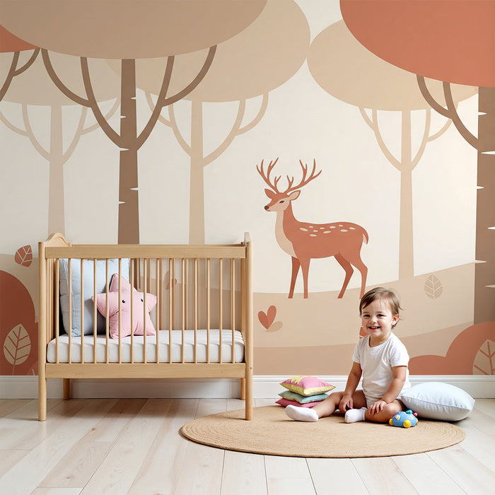 Babyzimmer Tapete | Hirsch in einem Wald in sanften Farben