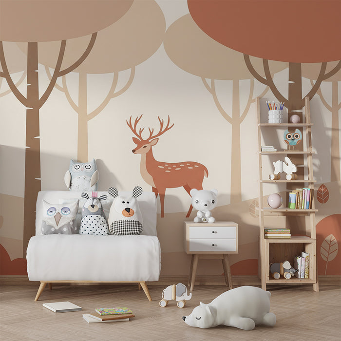 Babyzimmer Tapete | Hirsch in einem Wald in sanften Farben