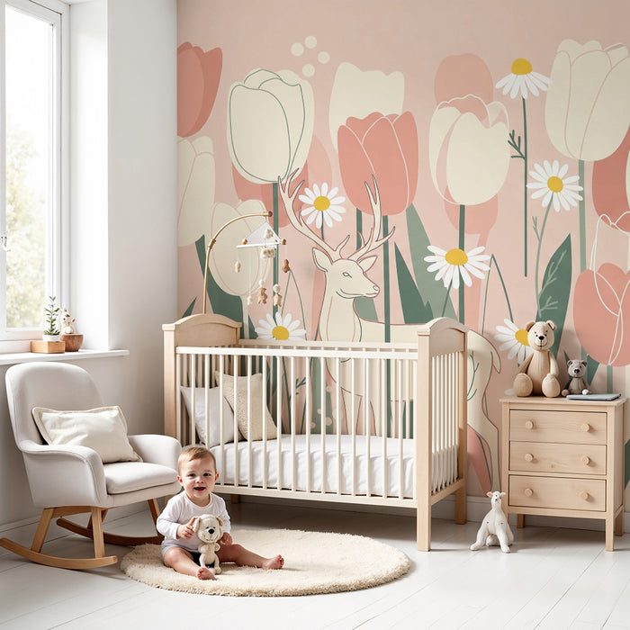 Papier de parede izba pre bábätko | Jemný jelen uprostred tulipánov a púpav