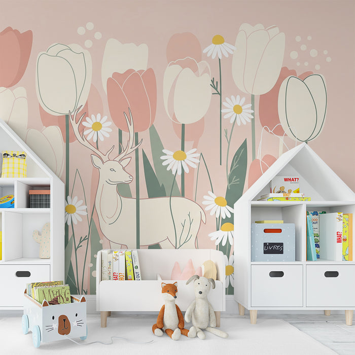 Papier de parede izba pre bábätko | Jemný jelen uprostred tulipánov a púpav