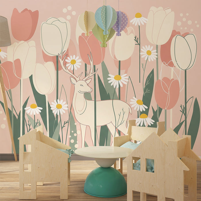 Papier de parede izba pre bábätko | Jemný jelen uprostred tulipánov a púpav