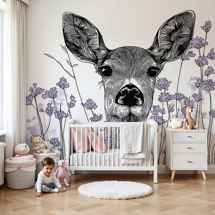 Babykamer behang | Delicate herten omringd door lavendelbloemen