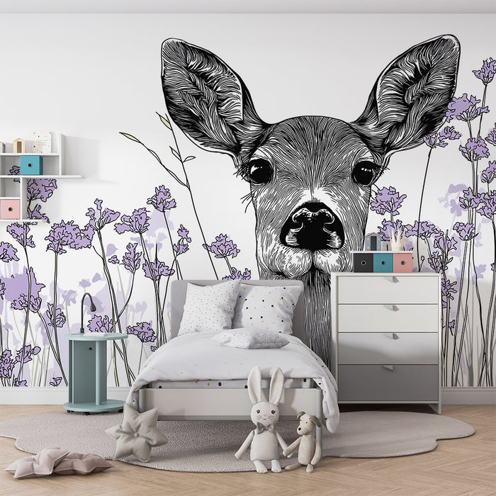 Babykamer behang | Delicate herten omringd door lavendelbloemen