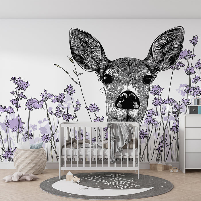 Babykamer behang | Delicate herten omringd door lavendelbloemen